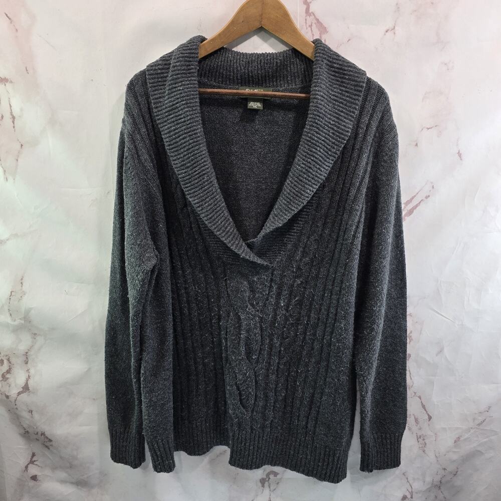 Vintage Eddie Bauer Sweater Womens 2X 2XL Gray Cable Knit V Shawl Collar Cotton